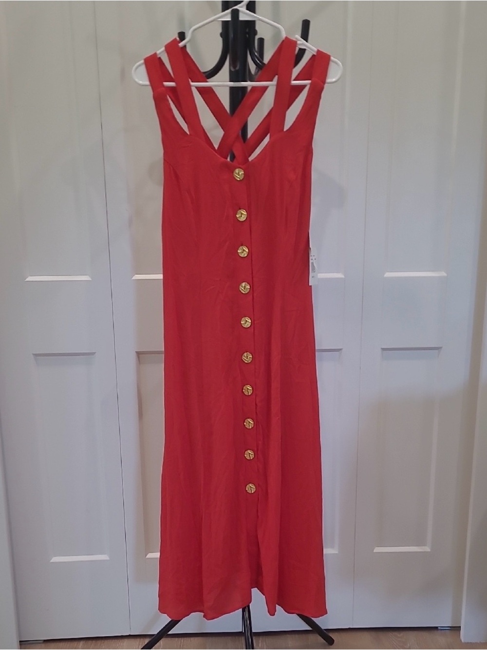 Strappy Red Maxi Dress with Decorative Gold Buttons